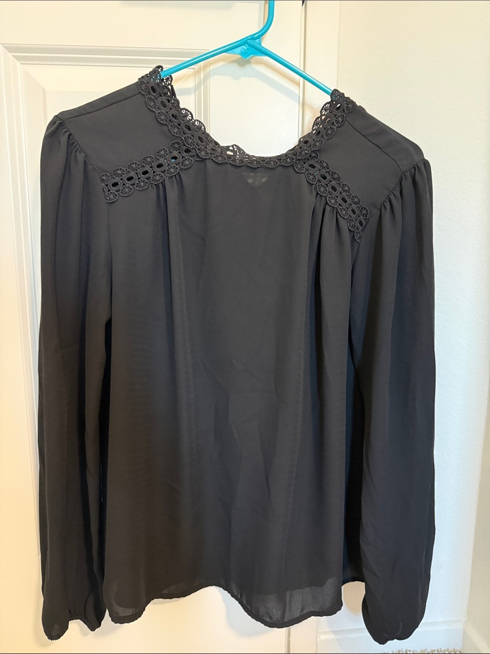 Black Lace-Trim Long Sleeve Blouse